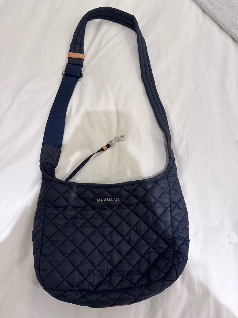 MZ Wallace Quilted Nylon Shoulder Bag in Navy with Leather Trim